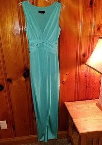 Marciano, Long Teal V-Neck Dress with Slit
